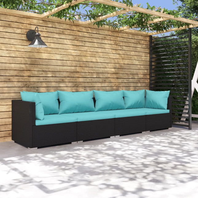 4-Delige Loungeset Met Kussens Poly Rattan 1 Zwart en blauw 2x hoek + 2x midden