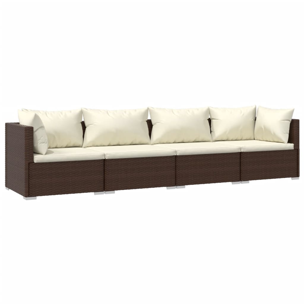 4-Delige Loungeset Met Kussens Poly Rattan 1 Bruin en crème 2x hoek + 2x midden