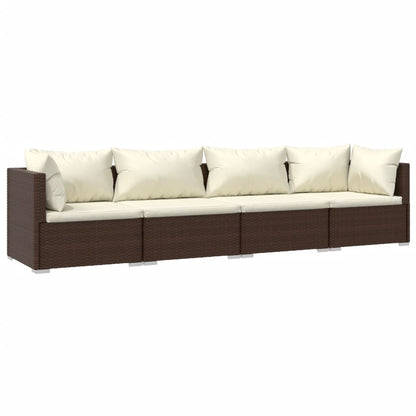 4-Delige Loungeset Met Kussens Poly Rattan 1 Bruin en crème 2x hoek + 2x midden