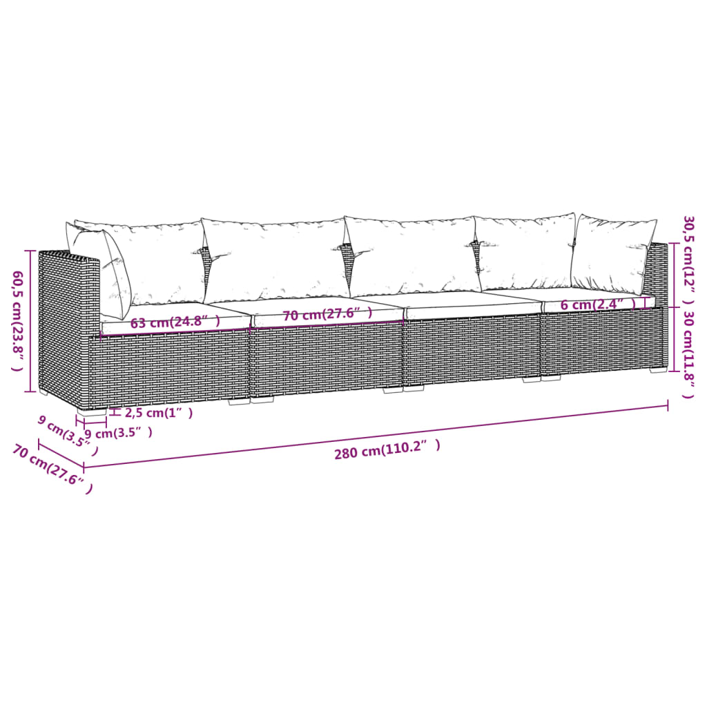 4-Delige Loungeset Met Kussens Poly Rattan 1 Bruin en crème 2x hoek + 2x midden