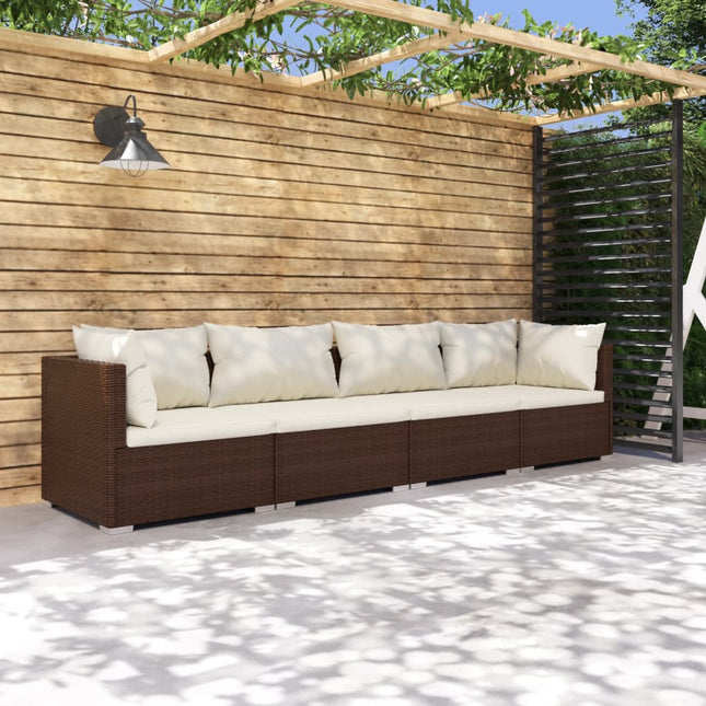 4-Delige Loungeset Met Kussens Poly Rattan 1 Bruin en crème 2x hoek + 2x midden