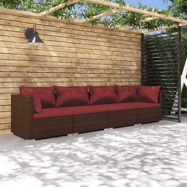 4-Delige Loungeset Met Kussens Poly Rattan 1 Bruin en rood 2x hoek + 2x midden