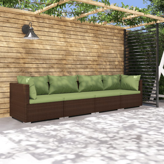 4-Delige Loungeset Met Kussens Poly Rattan 1 Bruin en groen 2x hoek + 2x midden