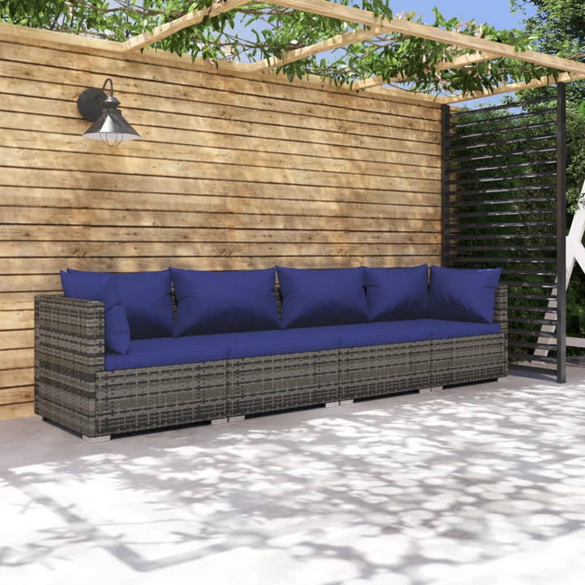 4-Delige Loungeset Met Kussens Poly Rattan 1 Grijs en donkerblauw 2x hoek + 2x midden