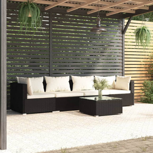 5-Delige Loungeset Met Kussens Poly Rattan 1 Zwart en crème 2x hoek + 2x midden + Tafel