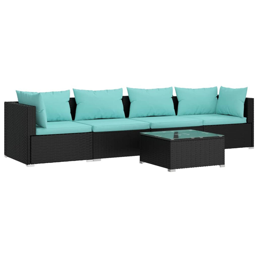 5-delige Loungeset met kussens poly rattan zwart
