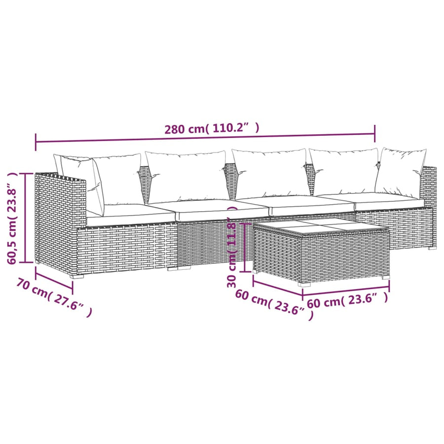 5-delige Loungeset met kussens poly rattan zwart
