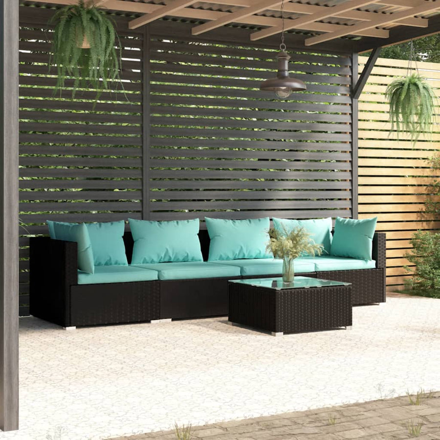 5-delige Loungeset met kussens poly rattan zwart