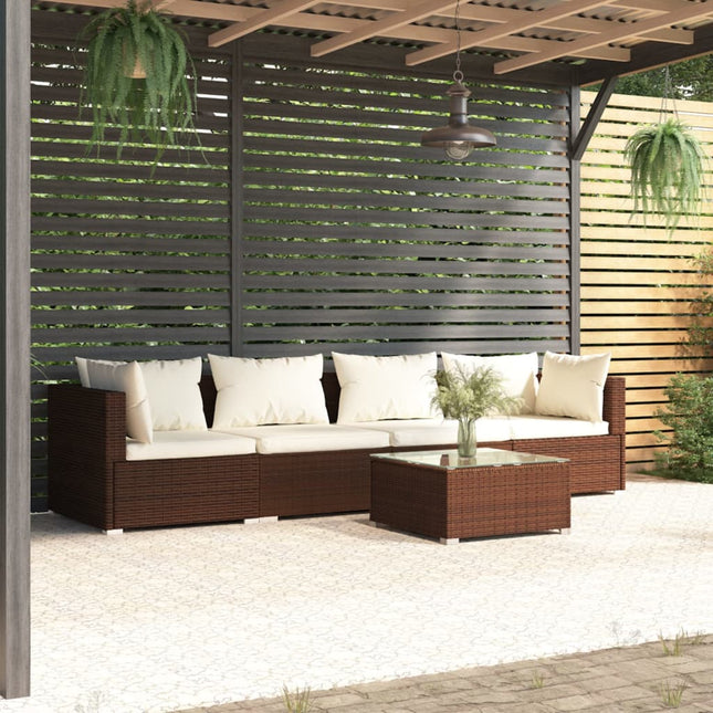 5-Delige Loungeset Met Kussens Poly Rattan 1 Bruin en crème 2x hoek + 2x midden + Tafel