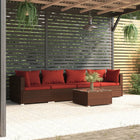 5-Delige Loungeset Met Kussens Poly Rattan 1 Bruin en rood 2x hoek + 2x midden + Tafel