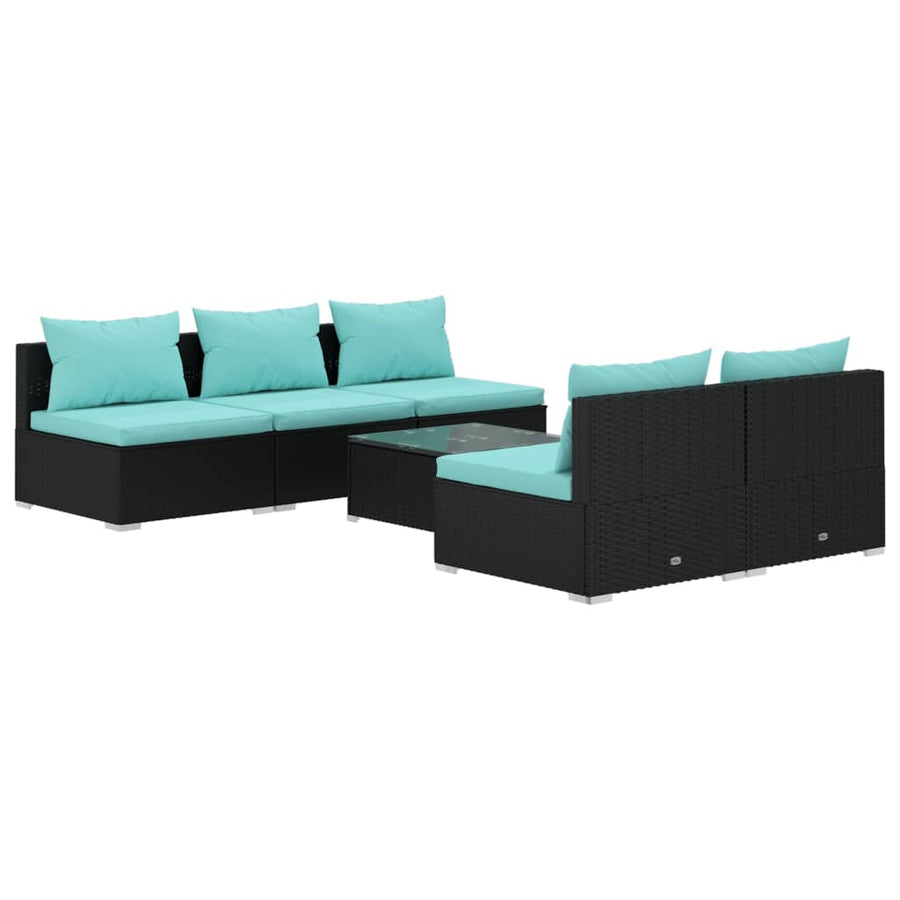 6-Delige Loungeset Met Kussens Poly Rattan Zwart en blauw 5x midden + Tafel