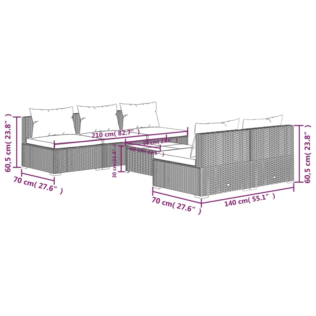 6-Delige Loungeset Met Kussens Poly Rattan Zwart en blauw 5x midden + Tafel