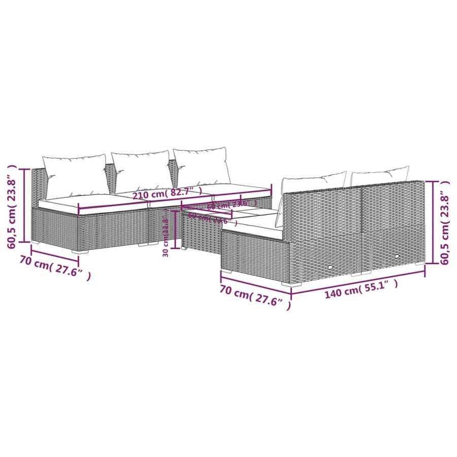 6-Delige Loungeset Met Kussens Poly Rattan Zwart en blauw 5x midden + Tafel