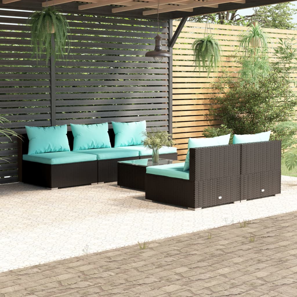 6-Delige Loungeset Met Kussens Poly Rattan Zwart en blauw 5x midden + Tafel