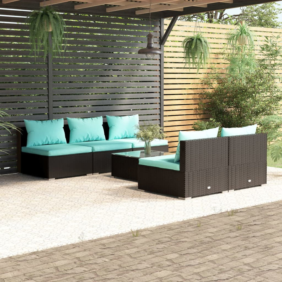 6-Delige Loungeset Met Kussens Poly Rattan Zwart en blauw 5x midden + Tafel