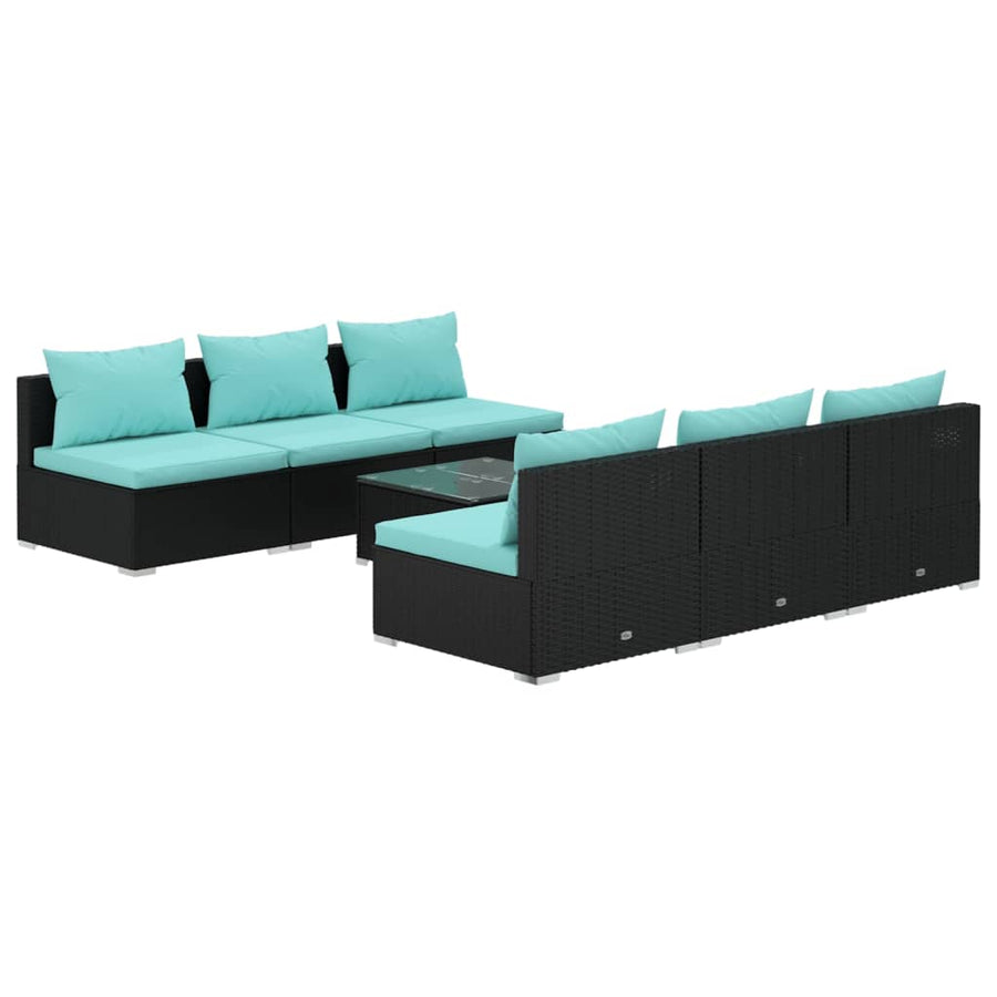 7-delige Loungeset met kussens poly rattan zwart