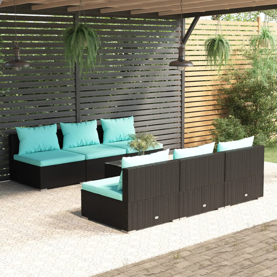 7-delige Loungeset met kussens poly rattan zwart