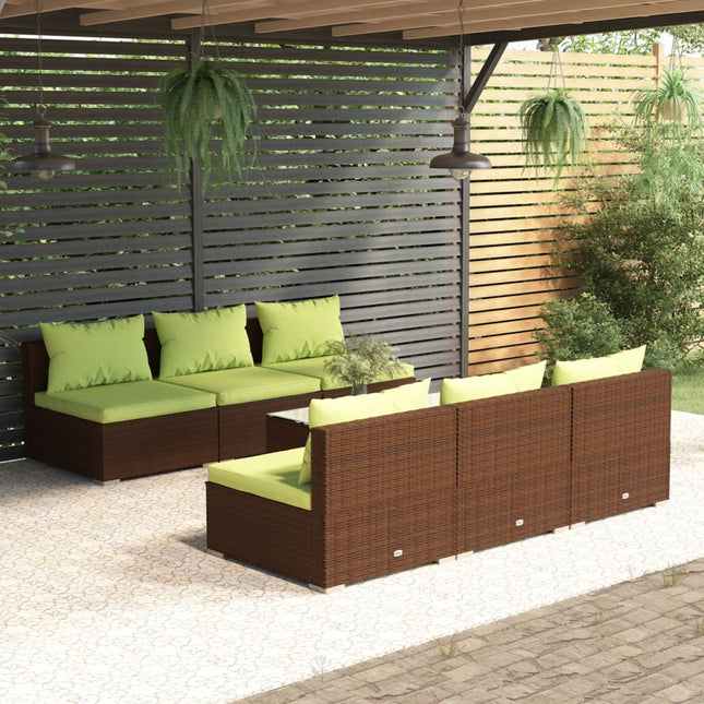 7-Delige Loungeset Met Kussens Poly Rattan Bruin en groen 6x midden + Tafel