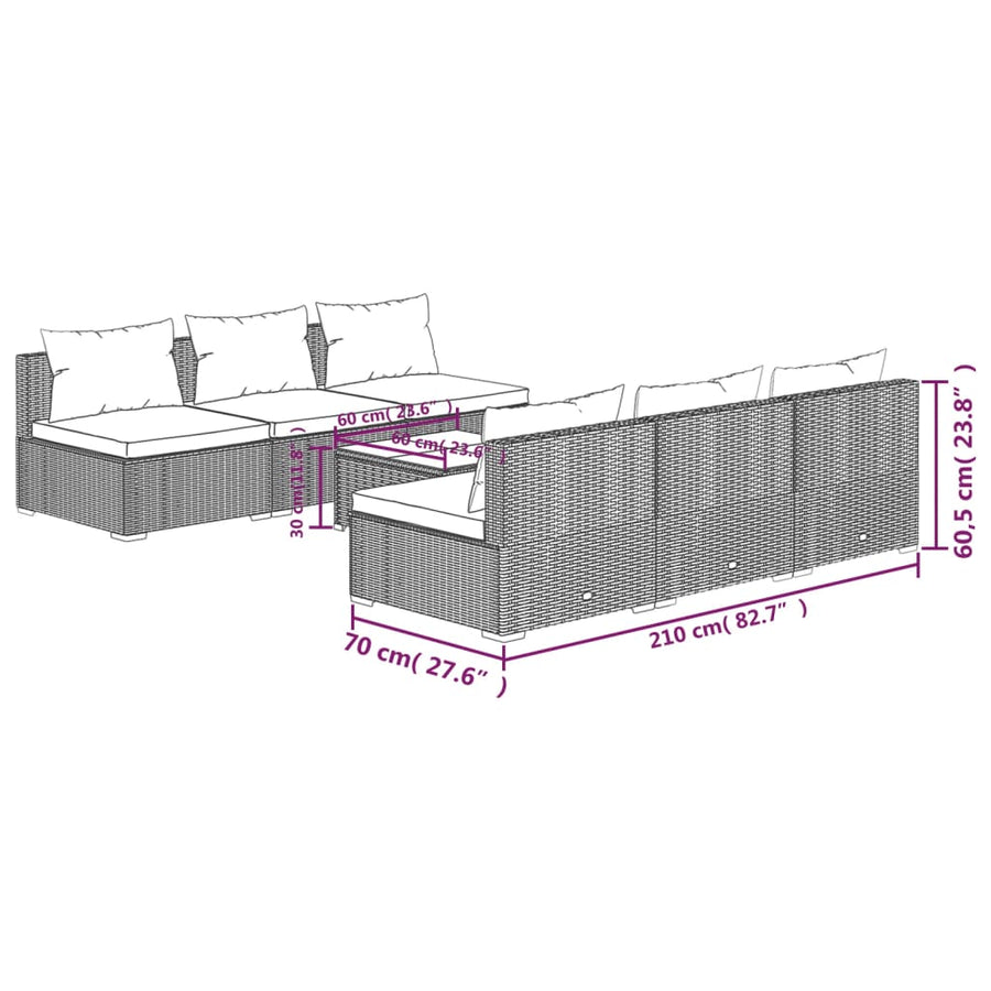 7-delige Loungeset met kussens poly rattan grijs