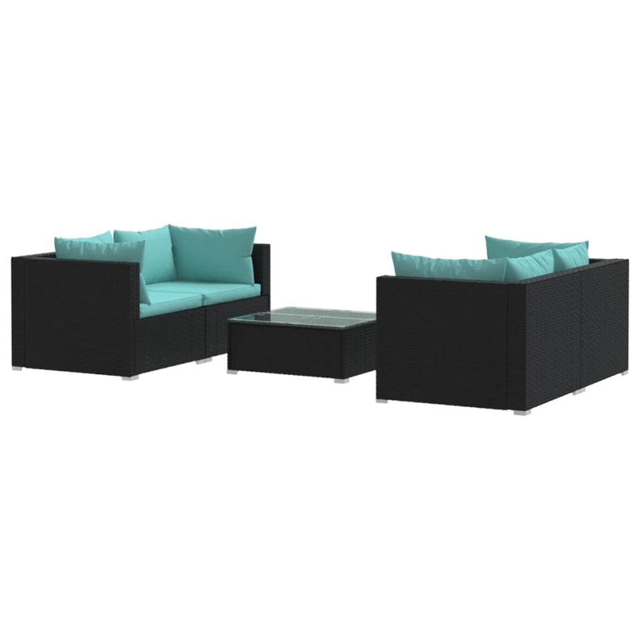 5-delige Loungeset met kussens poly rattan zwart