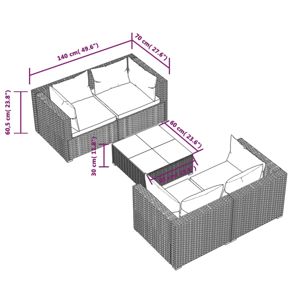 5-delige Loungeset met kussens poly rattan zwart