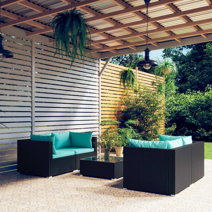 5-delige Loungeset met kussens poly rattan zwart