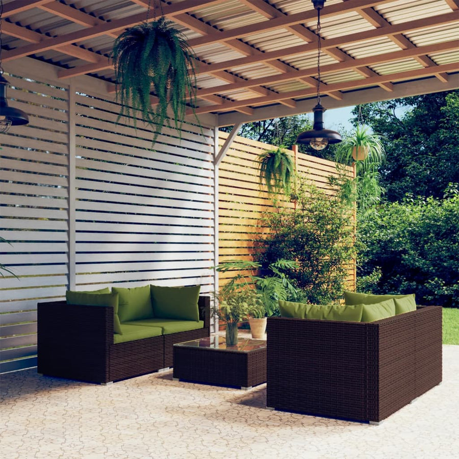 5-delige Loungeset met kussens poly rattan bruin