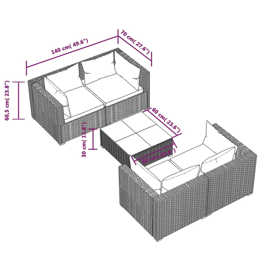 5-delige Loungeset met kussens poly rattan grijs