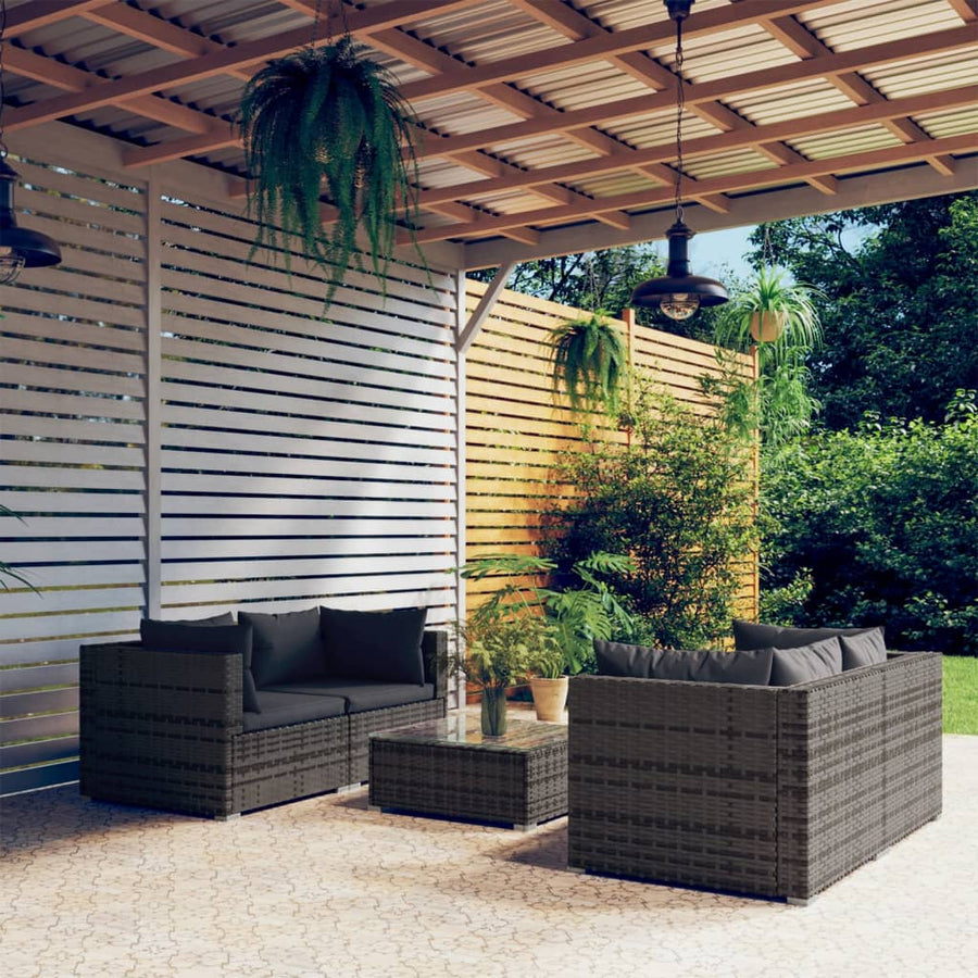5-delige Loungeset met kussens poly rattan grijs