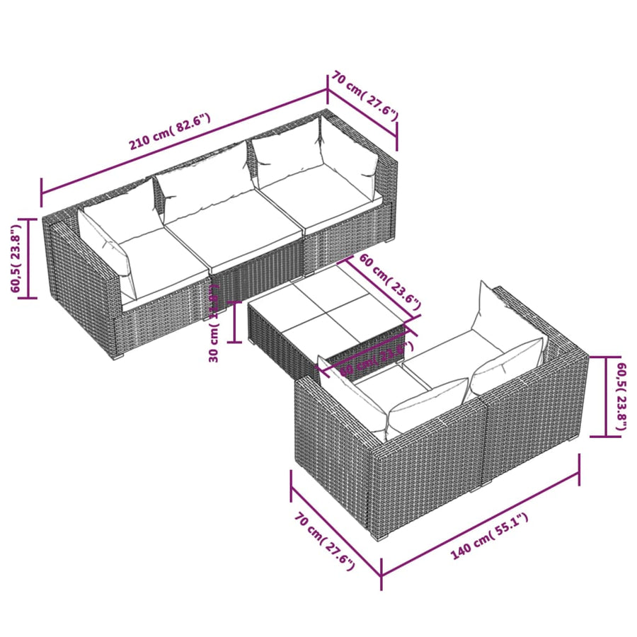 6-delige Loungeset met kussens poly rattan zwart