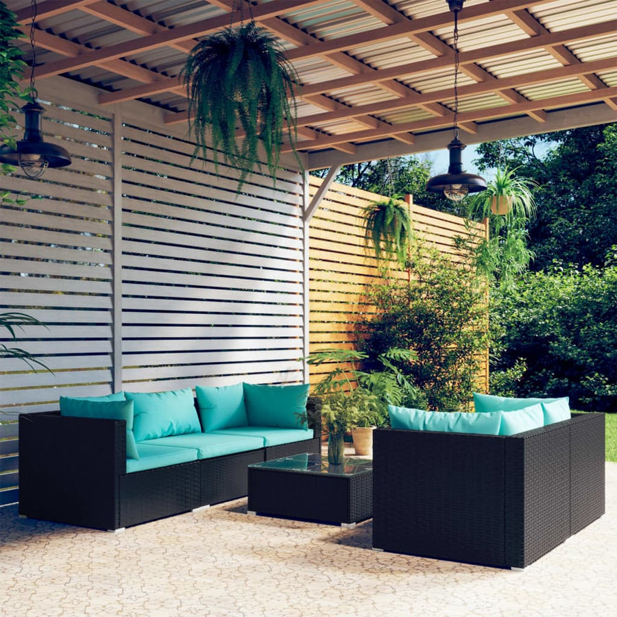 6-delige Loungeset met kussens poly rattan zwart