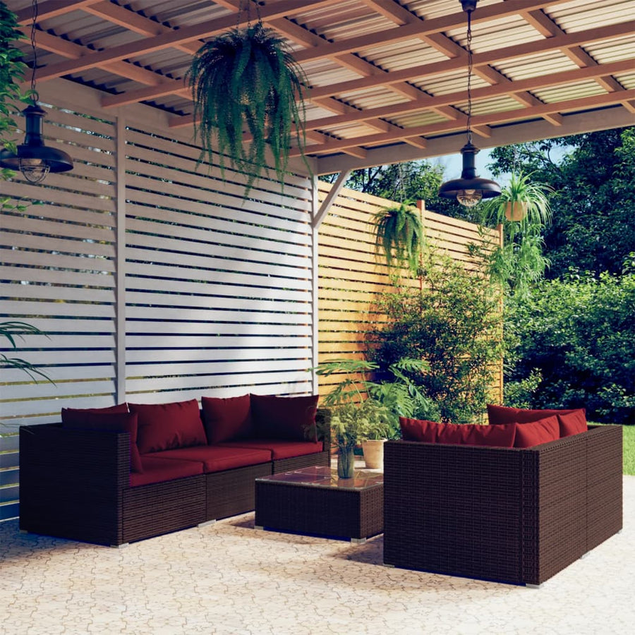 6-delige Loungeset met kussens poly rattan bruin