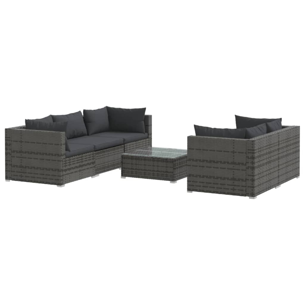 6-delige Loungeset met kussens poly rattan grijs
