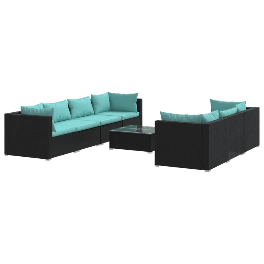8-Delige Loungeset Met Kussens Poly Rattan Zwart en blauw 4x hoek + 3x midden + Tafel