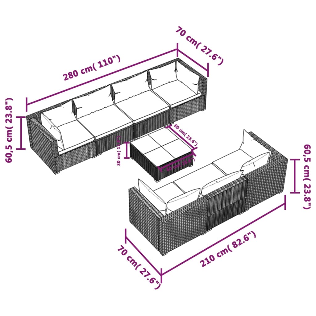 8-Delige Loungeset Met Kussens Poly Rattan Zwart en blauw 4x hoek + 3x midden + Tafel