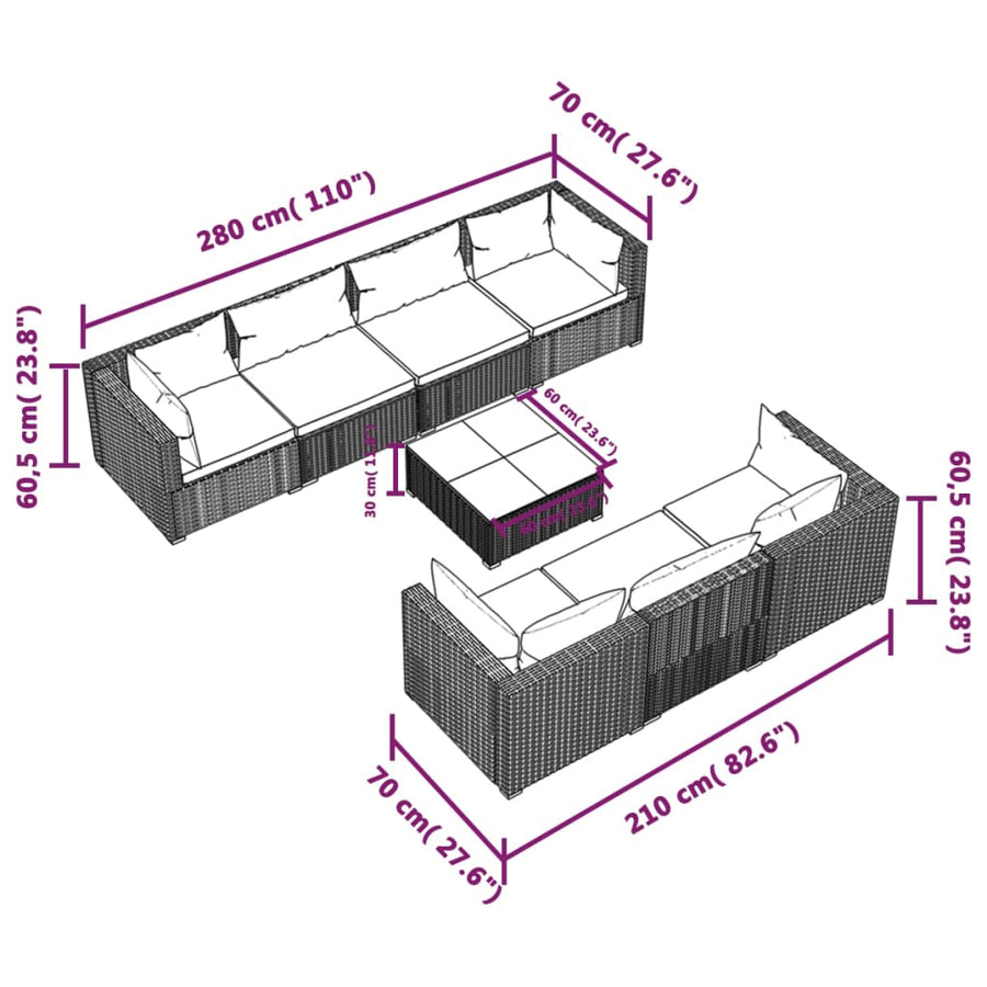 8-Delige Loungeset Met Kussens Poly Rattan Zwart en blauw 4x hoek + 3x midden + Tafel