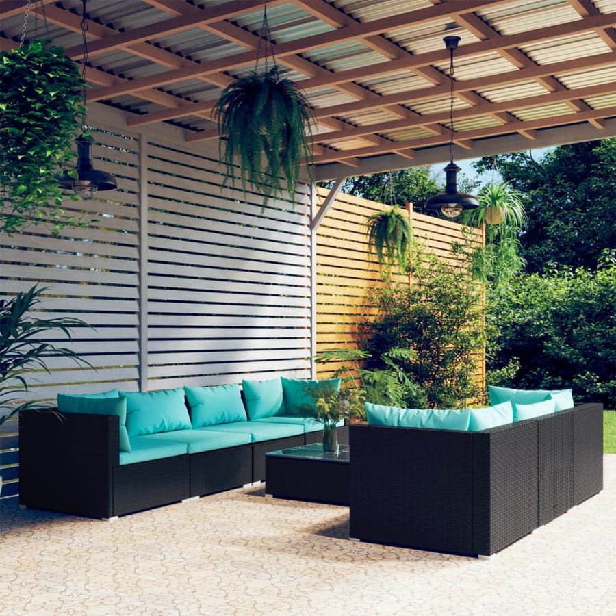 8-Delige Loungeset Met Kussens Poly Rattan Zwart en blauw 4x hoek + 3x midden + Tafel