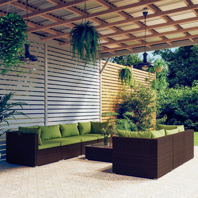 8-Delige Loungeset Met Kussens Poly Rattan Bruin en groen 4x hoek + 3x midden + Tafel