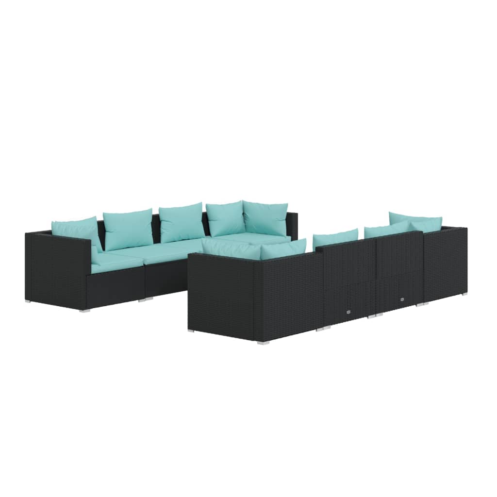 9-delige Loungeset met kussens poly rattan zwart