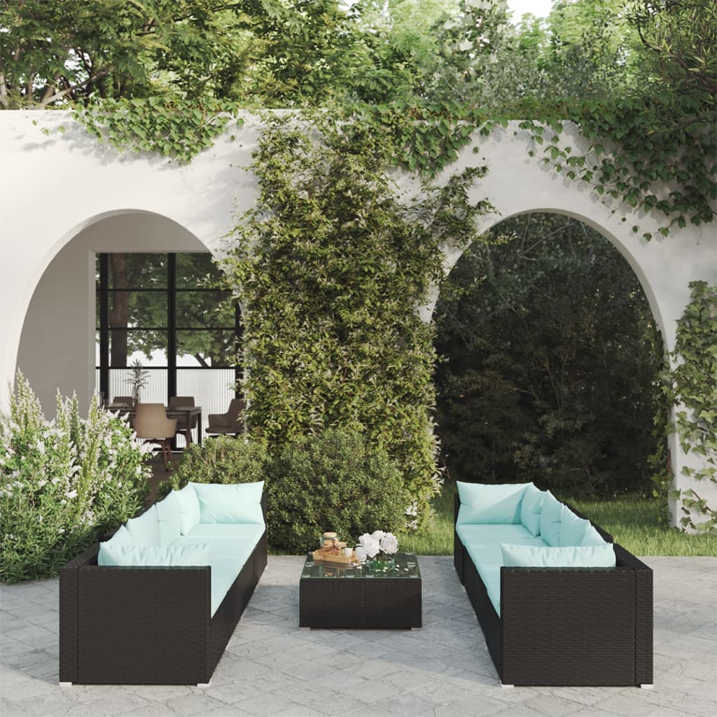 9-delige Loungeset met kussens poly rattan zwart