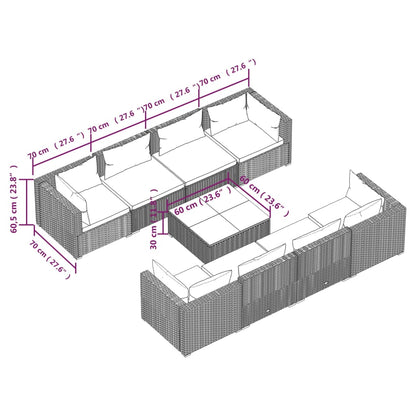 9-delige Loungeset met kussens poly rattan grijs