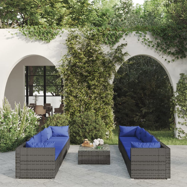 9-Delige Loungeset Met Kussens Poly Rattan Grijs en donkerblauw 4x hoek + 4x midden + Tafel