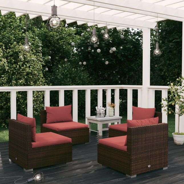 4-Delige Loungeset Met Kussens Poly Rattan Bruin en rood 4x midden