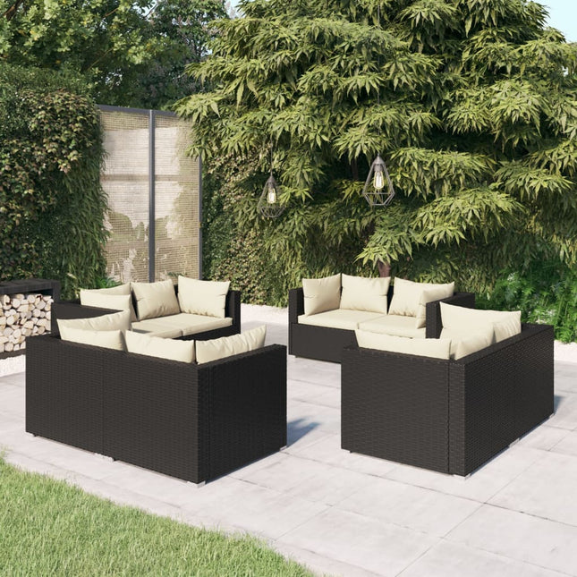 8-Delige Loungeset Met Kussens Poly Rattan Zwart en crème 8x hoek