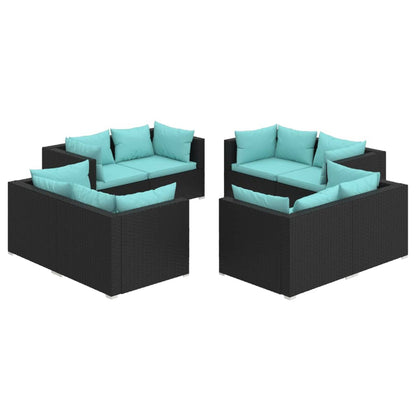 8-Delige Loungeset Met Kussens Poly Rattan Zwart en blauw 8x hoek