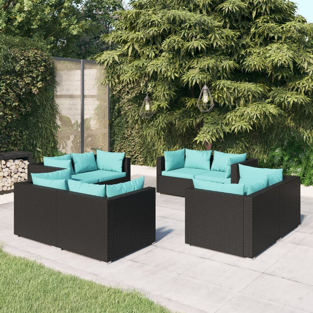 8-Delige Loungeset Met Kussens Poly Rattan Zwart en blauw 8x hoek