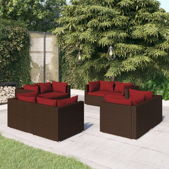 8-Delige Loungeset Met Kussens Poly Rattan Bruin en rood 8x hoek