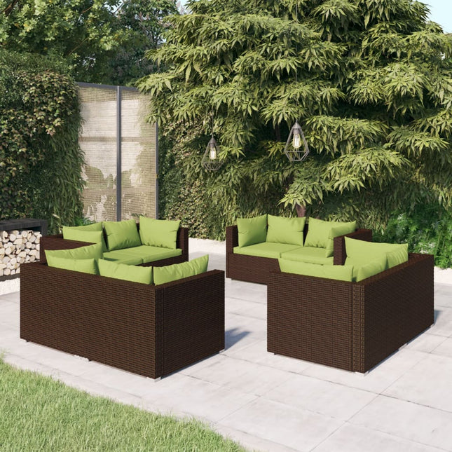 8-Delige Loungeset Met Kussens Poly Rattan Bruin en groen 8x hoek