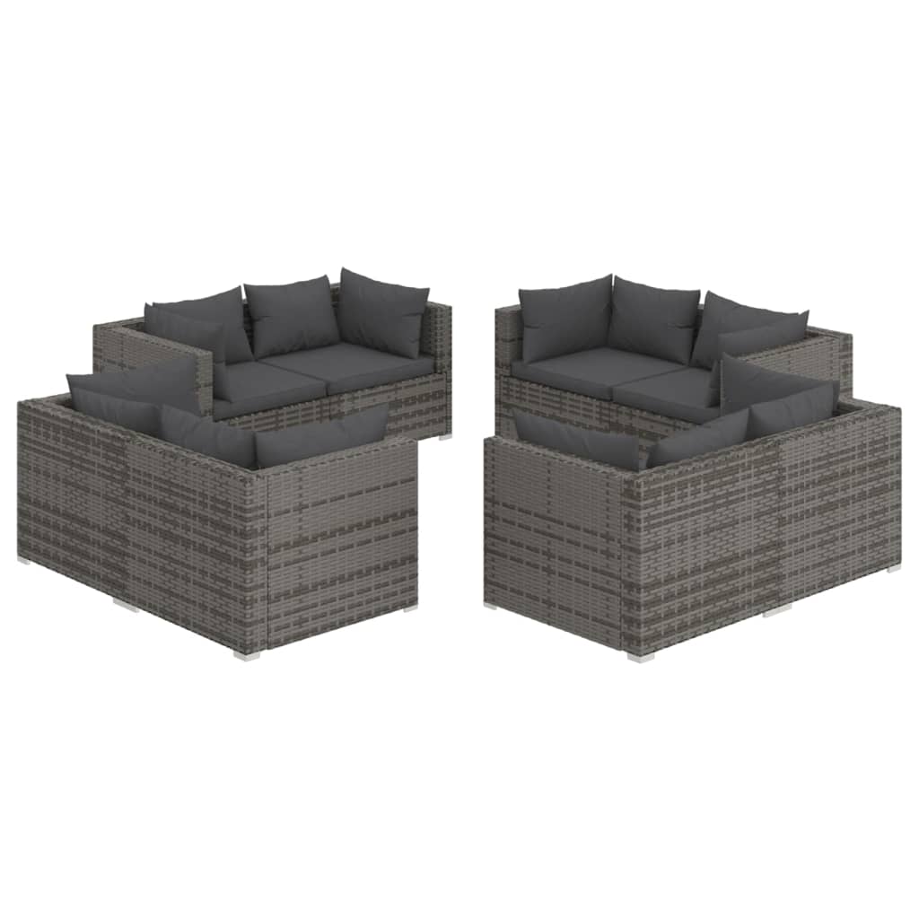 8-delige Loungeset met kussens poly rattan grijs