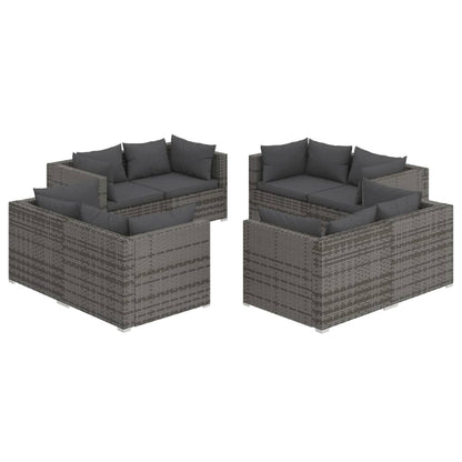 8-delige Loungeset met kussens poly rattan grijs